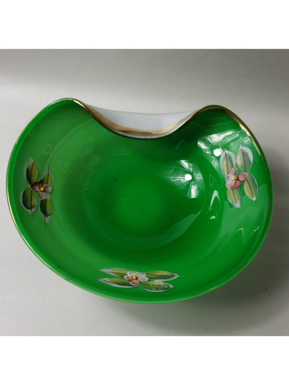 Vintage Art Glass Bowl Cased Green Hand Painted Bohemian Enamel Flower